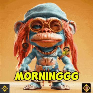 a monkey wearing sunglasses and a beanie says morninggg on the bottom