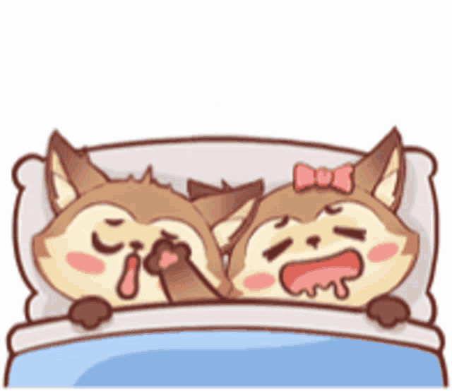two cartoon animals are laying in a bed and one has a bow on its head