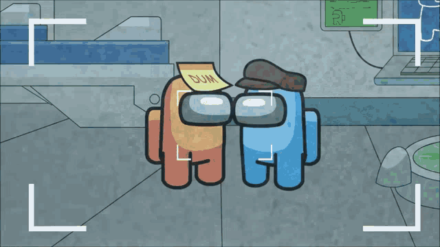 a cartoon of two among us characters with one holding a piece of paper that says ' bank ' on it