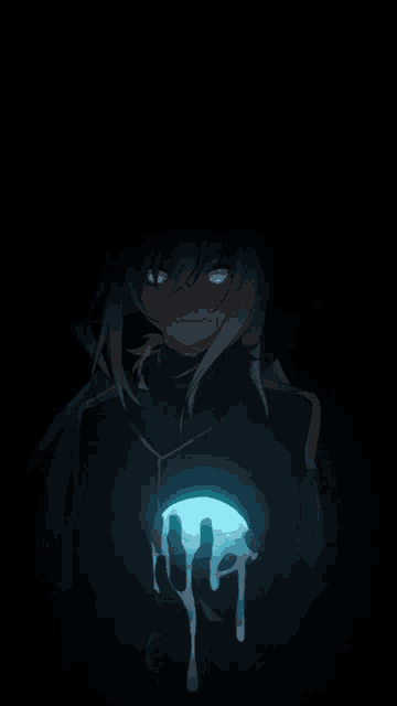 a girl with glowing eyes is holding a glowing ball