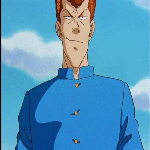 a man in a blue shirt with orange buttons