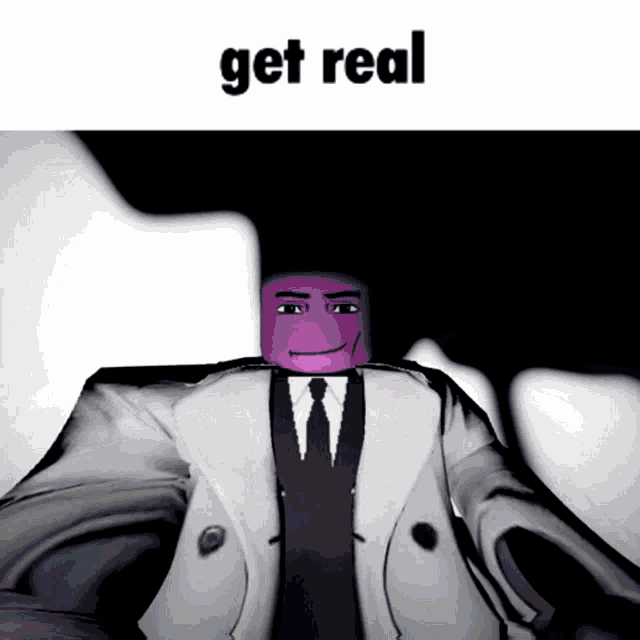 a cartoon character with a purple face and the words get real
