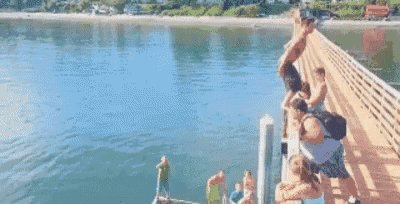a man is jumping into a lake from a dock .