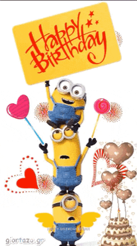 a stack of minions holding up a sign that says " happy birthday "