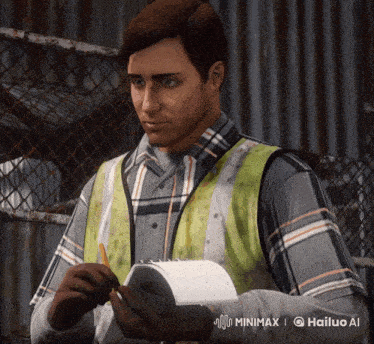 a man wearing a plaid shirt and a yellow vest holds a piece of paper