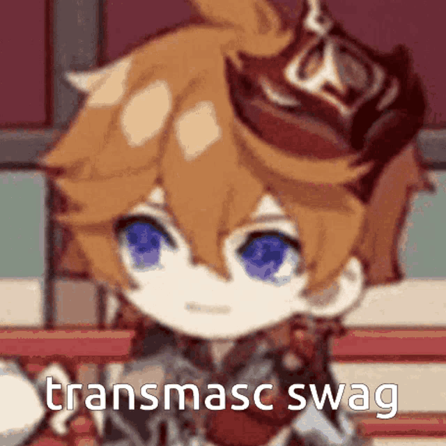 a close up of a cartoon character with the words transmasc swag on the bottom .