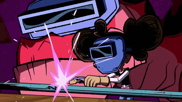 a cartoon character wearing a welding mask is welding a pipe