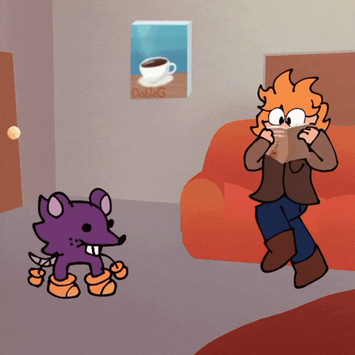 a cartoon drawing of a person reading a book next to a purple mouse
