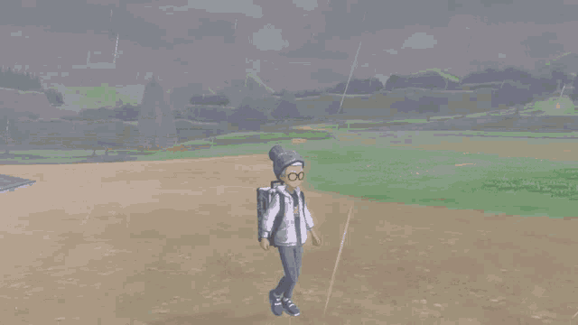 a person in a video game walking in the rain with a backpack that says ' pokemon ' on it