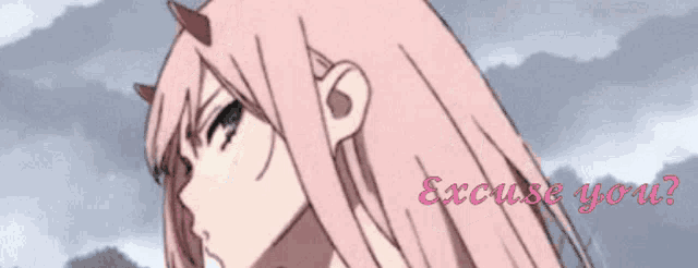 a girl with pink hair is looking at the camera with the words excuse you behind her