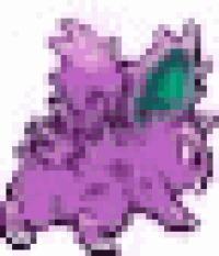 a pixel art of a purple unicorn with a green ear and tail .