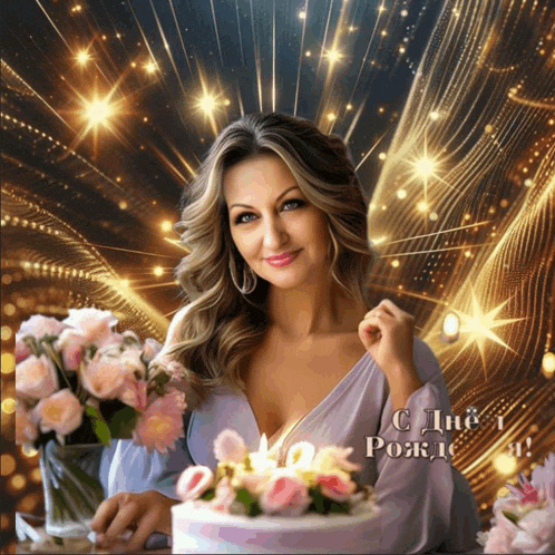 a woman in a purple dress is holding a birthday cake and a bouquet of flowers