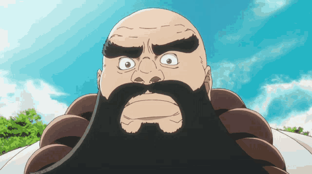 a bald man with a beard and mustache looks angry