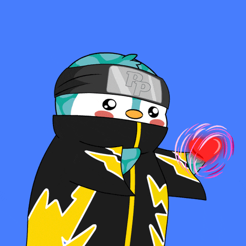 a cartoon of a penguin wearing a headband with the letter p on it