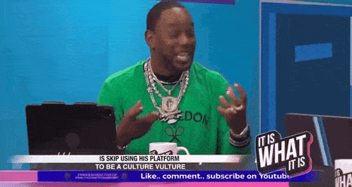 a man in a green shirt is on a television show called it is what it is
