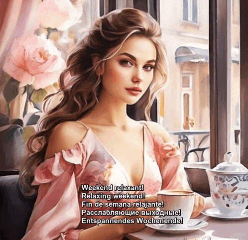 a painting of a woman sitting at a table with a cup of coffee and the words weekend relaxant