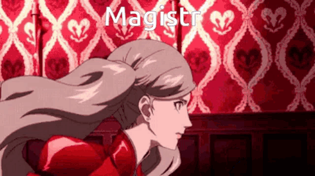 a woman in a red dress is standing in front of a red wall with the word magister written on it