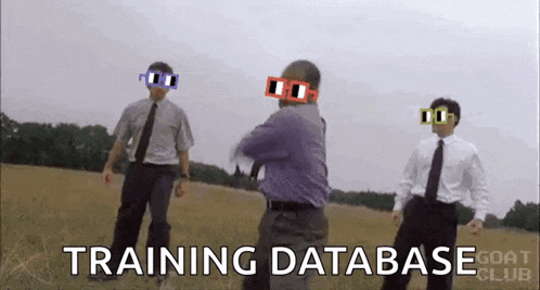 three men are standing in a field with sunglasses on their faces and the words `` training database '' .