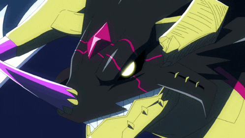 a drawing of a black and yellow monster with purple horns and a yellow eye