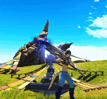 a man holding a sword in front of a mountain with a banner that says ' bb ' on it
