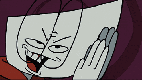 a cartoon character is holding a piece of paper with a drawing of a face on it