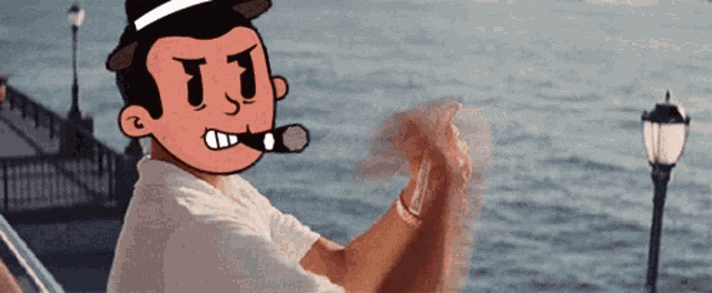 a cartoon of a man with a hat and a cigar with the letter j on his face