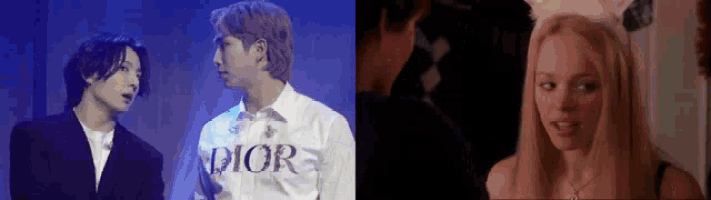 a man and a woman are standing next to each other and the man is wearing a dior shirt