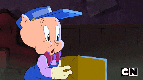 a cartoon of a pig holding a box with cn written on the bottom