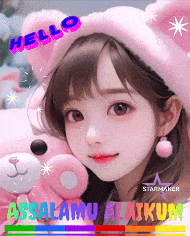 a girl in a pink hat is holding a teddy bear and says hello assalamu alaikum
