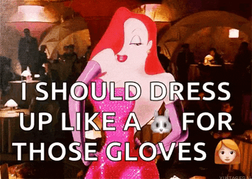 a woman in a pink dress says i should dress up like a cat for those gloves