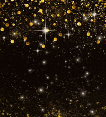a treble clef is surrounded by gold confetti and stars on a black background