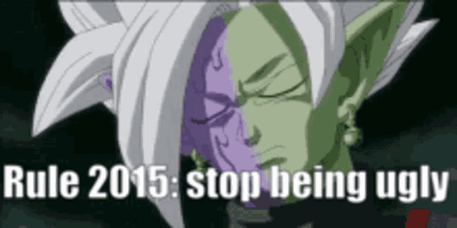 a cartoon character with a purple and green face and the words `` rule 2015 : stop being ugly '' written on it .