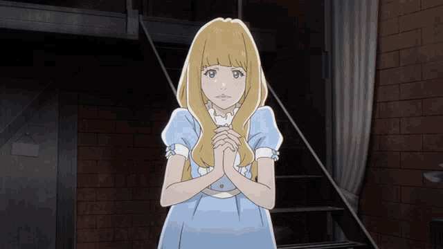 a girl with blonde hair and a blue dress is standing in front of a staircase