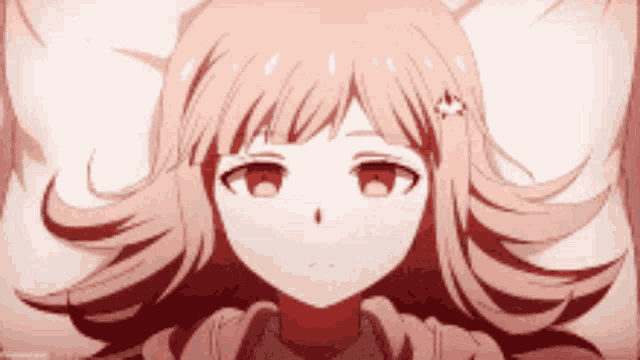 a close up of a pink haired anime girl laying on a pillow .
