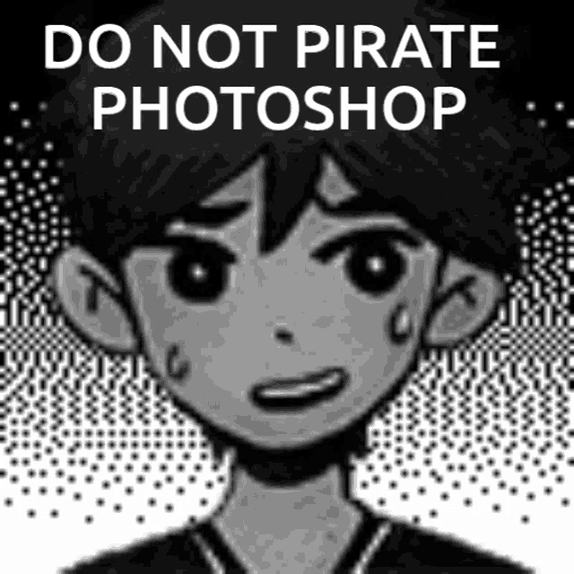 a black and white drawing of a boy with the words do not pirate photoshop below him