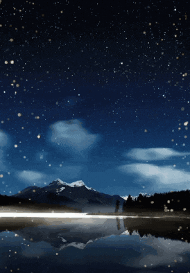 a painting of a lake with mountains in the background at night