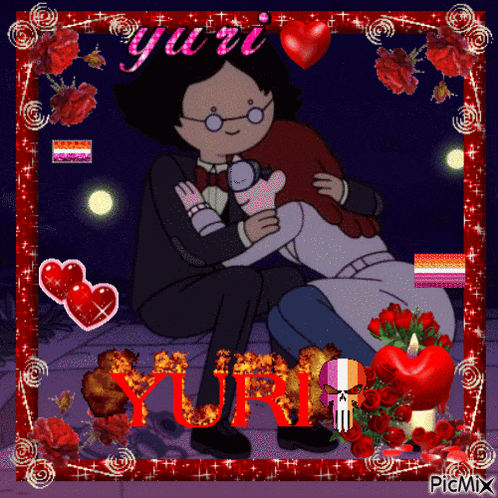 a picture of a man hugging a woman with yuri written in the corner