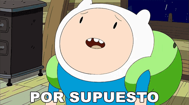 a cartoon character with the words por supuesto on the bottom right