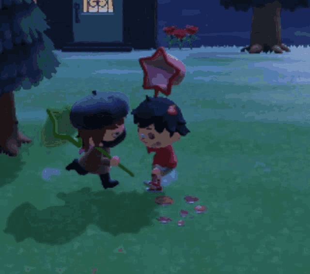 a cartoon character holding a butterfly net stands next to another character holding a butterfly net