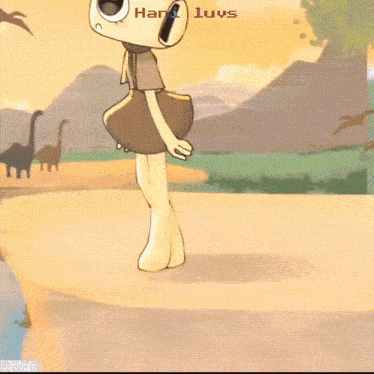 a cartoon character named hani luvs stands on a cliff