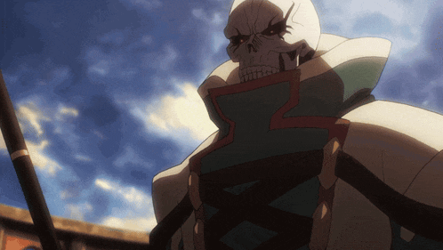 a cartoon character with a skull on his head is standing in front of a blue sky