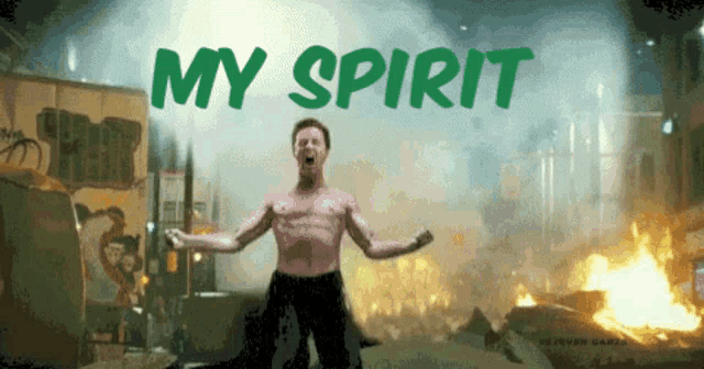 a shirtless man is screaming in front of a sign that says " my spirit "