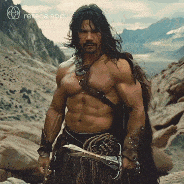 a man with long hair is holding a sword and a rope with the words made with reface app on the bottom