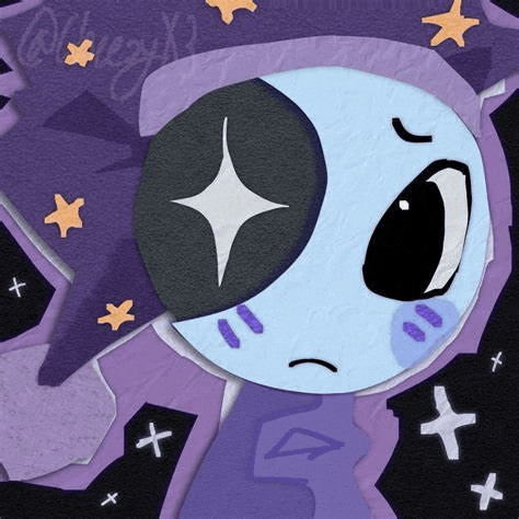 a cartoon character with a purple hat and a star in his eye is looking at the camera .
