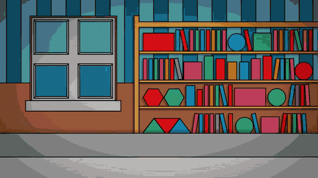 a cartoon drawing of a bookshelf filled with books