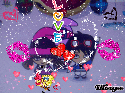 a picture of spongebob holding a heart surrounded by hearts and kisses with the word blingee at the bottom