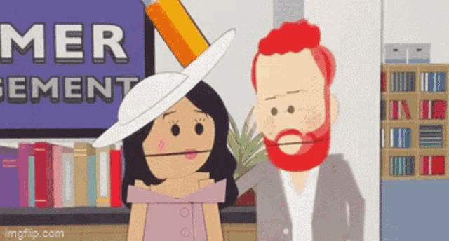 a man and a woman are standing in front of a mer cement sign