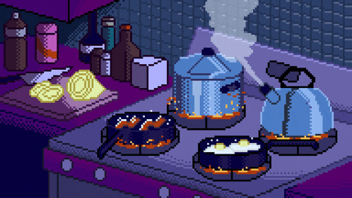 a pixel art of a kitchen with pots and pans cooking