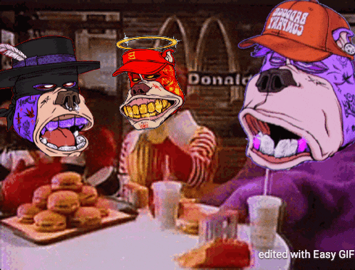 a cartoon of three monkeys sitting at a table in front of a donald 's sign