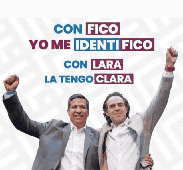 two men are standing next to each other with their fists in the air under a sign that says con fico